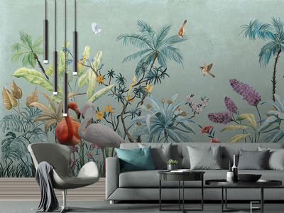 中世紀(jì)手繪熱帶雨林花鳥背景墻壁畫