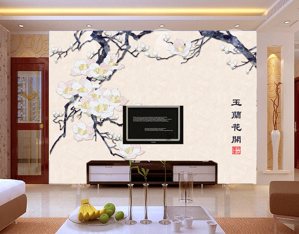 玉蘭花開(kāi)大理石紋水刀拼花電視背景墻壁畫(huà) 藝術(shù)與自然的融合